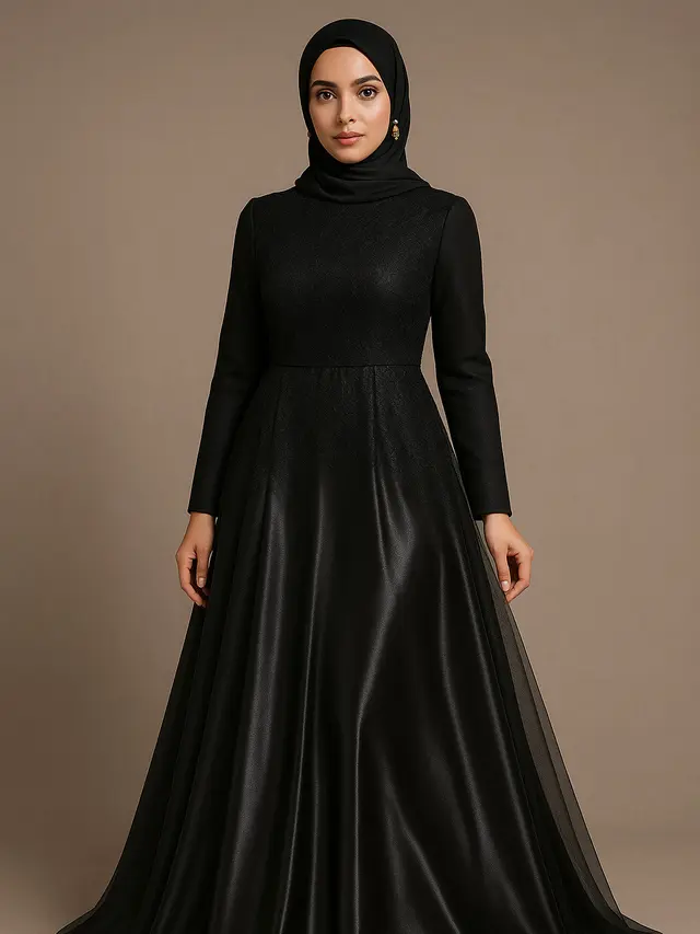 Gamis Brokat Hitam Berlapis Tile