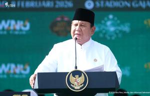 Presiden Prabowo Subianto saat acara Mujahadah Kubro 1 Abad NU. (Foto: tangkapan layar/Tira Santia)