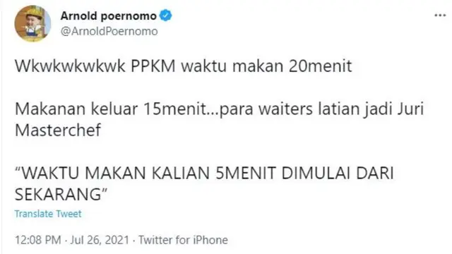 Komentar Menggelitik Chef Arnold Soal Aturan Makan 20 Menit Selama PPKM Level 4