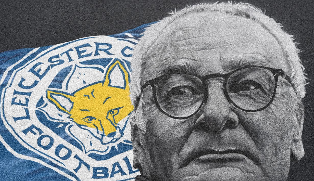 Mural dari manajer Leicester, Claudio Ranieri, yang dibuat oleh suporter. Mantan manajer Chelsea ini dianggap pahlawan oleh para penggemar dari The Foxes karena keberhasilannya meraih gelar Liga Inggris musim 2015/2016. (EPA/Facundo Arrizabalaga)