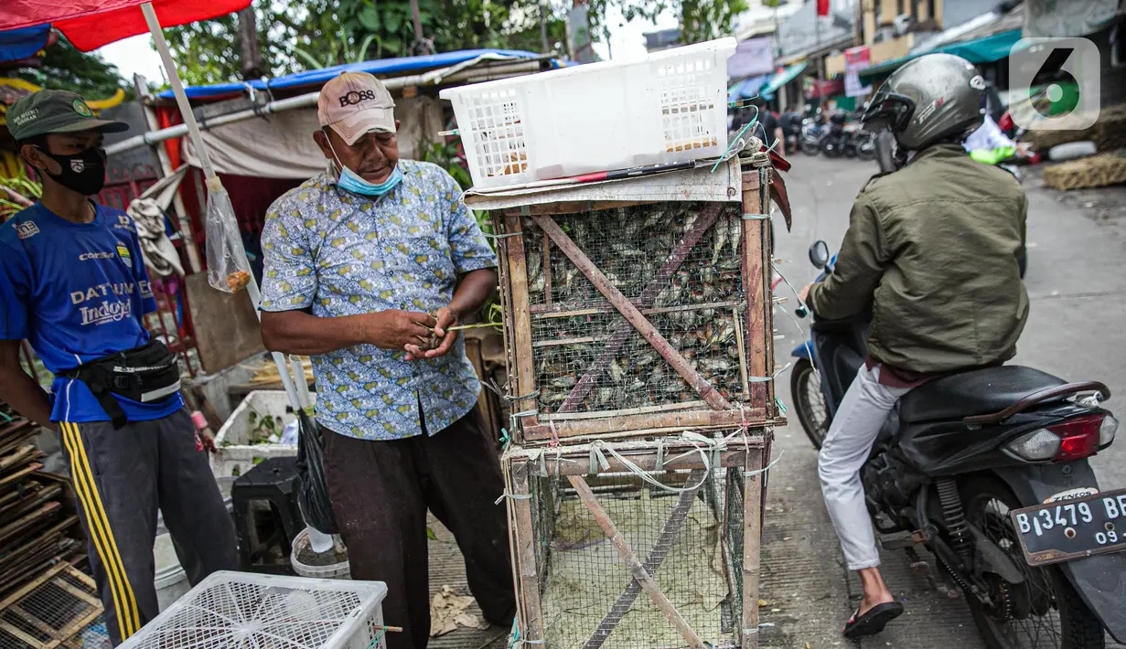 Pedagang burung pipit menjajakan dagangannya di kawasan Pasar Petak Sembilan, Glodok, Jakarta, Minggu (31/1/2021). Pedagang pipit mengaku mengalami penurunan omzet saat pandemi karena banyak vihara yang tak menyelenggarakan ibadah untuk mengurangi penyebaran COVID-19. (Liputan6.com/Faizal Fanani)
