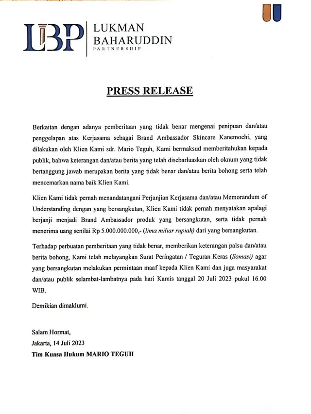 Klarifikasi pihak Mario Teguh soal dugaan penipuan dan penggelapan uang Rp 5 miliar. (Foto: Dok. Instagram @marioteguh)