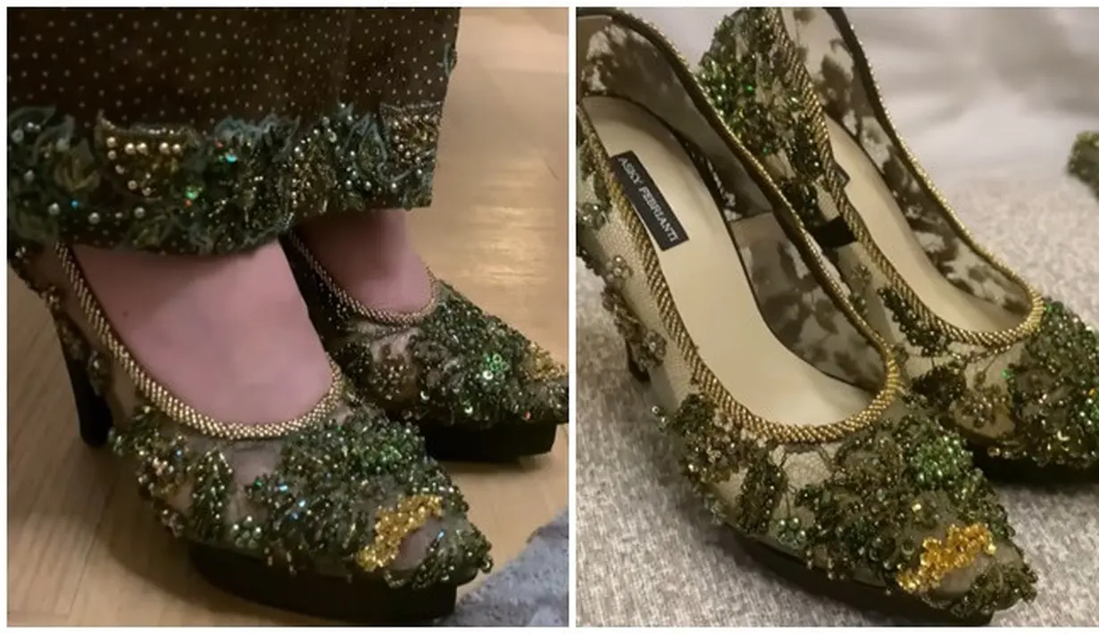 High heels yang dikenakan oleh Mahalini Raharja selaras dengan kebaya yang dikenakannya karena dirancang khusus oleh Asky Febrianti. Selain detail kebaya dan high heelsnya, detail kain yang dikenakan Mahalini juga tak lepas dari perhatian. Terlihat di bagian bawah kainnya terdapat manik-manik seperti dengan manik-manik di kebayanya. (Liputan6.com/IG/@askyfebrianti)