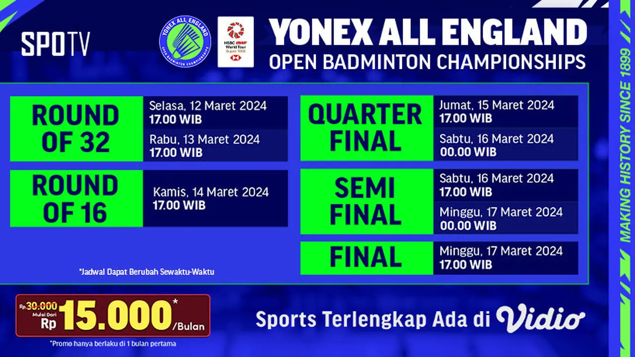 Jadwal dan Link Live Streaming BWF Yonex All England Open 2024 di Vidio