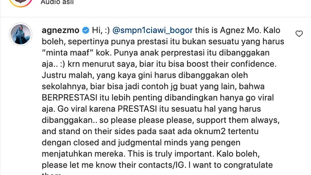 Surat terbuka Agnez Mo untuk SMPN 1 Ciawi Bogor. (Foto: Dok. Instagram @agnezmo)