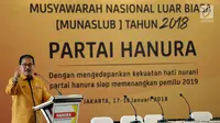 Marsekal Madya (Purn) Daryatmo memberikan pidato saat Munaslub Partai Hanura kubu Sarifuddin Sudding di Jakarta, Kamis (18/1). Daryatmo terpilih secara aklamasi menjadi Ketua Umum Hanura menggantikan Oesman Sapta Oedang (OSO). (Liputan6.com/Johan Tallo)