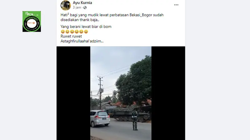 Cek Fakta Liputan6.com menelusuri klaim video tank diterjunkan untuk menyekat jalur mudik perbatasan Bekasi-Bogor