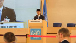 Menteri Luar Negeri RI Sugiono dalam Pertemuan High-Level Segment Dewan Hak Asasi Manusia (Dewan HAM) PBB Sesi ke-58 di Jenewa, Swiss (24/2/2025). (Dok. Kemlu RI)