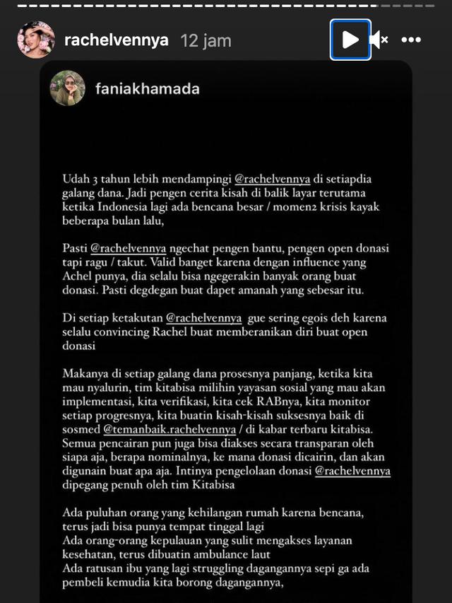 Unggahan Rachel Vennya. (Foto: Instagram @rachelvennya)