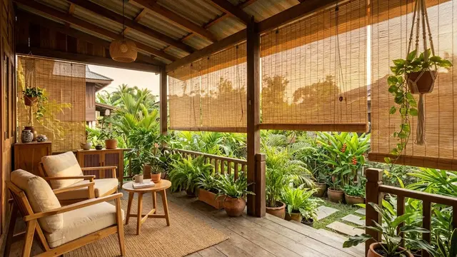 Teras dengan Tirai Bambu atau Kerai Outdoor