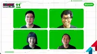 (Searah jarum jam) Co-Founder dan CEO Gojek Kevin Aluwi, Chief Transport Officer Gojek Raditya Wibowo, Chief Food Officer Gojek Catherine Hindra Sutjahyo, dan Head of Logistics Gojek Steven Halim saat diskusi inovasi tiga layanan utama Gojek, (27/10)