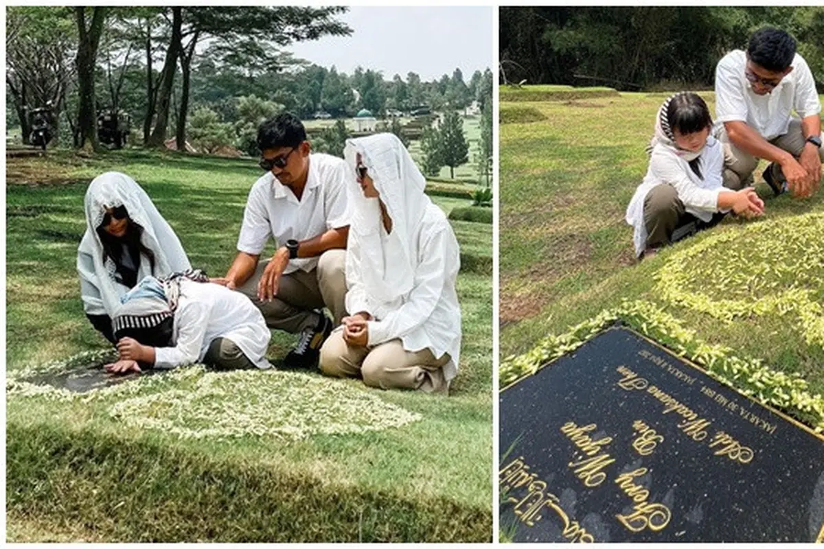 6 Momen Ririn Ekawati Ziarah ke Makam Mendiang Suami Bareng Ibnu Jamil dan Buah Hati