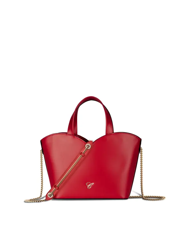 Happy Hearts red calfskin tote bag with gilded metal shoulder chain.