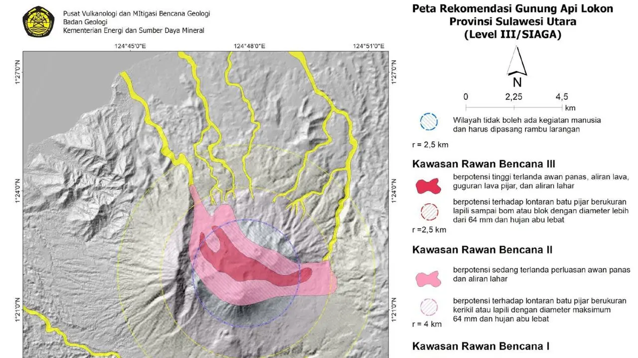 Peta rekomendasi radius aman Gunung Lokon, Sulawesi Utara
