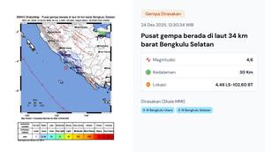 Gempa hari ini, Rabu (24/12/2025) pukul 12:30:34 WIB menggetarkan wilayah Bengkulu Selatan, Provinsi Bengkulu. (www.bmkg.go.id)