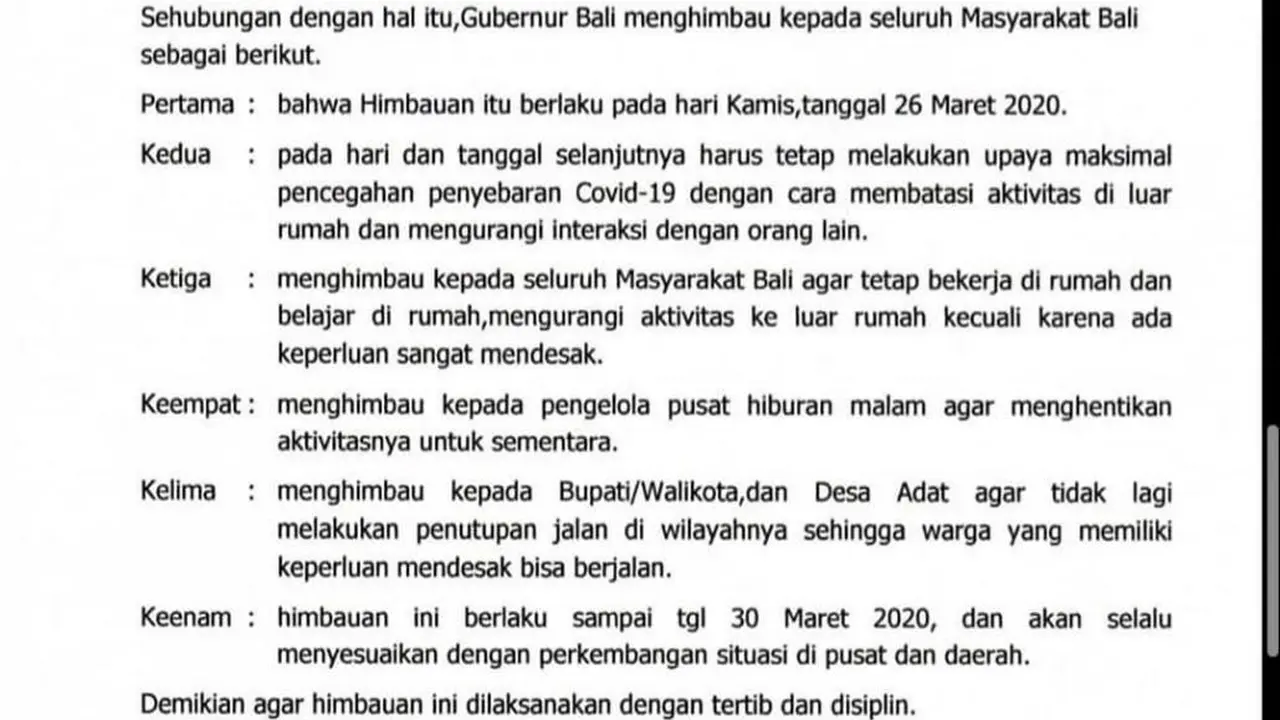 Bali Perpanjang Imbauan Warga Tak Keluar Rumah Hingga 30 Maret