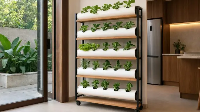 Ide Kebun Sayur Vertikal dari Paralon Bekas di Dapur Terbuka (AI Generated)