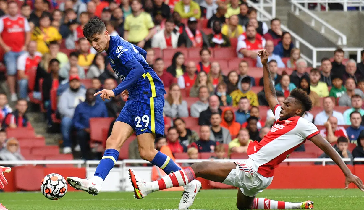 <p>Kai Havertz sudah resmi menjadi pemain baru Arsenal. Havertz datang ke Stadion Emirates dengan harga transfer mencapai 70 juta Euro. (AFP/Justin Tallis)</p>