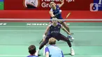 Pebulu tangkis ganda putra Indonesia Fajar Alfian dan Muhammad Rian Ardianto mengembalikan kok ke arah ganda putra Denmark Jeppe Bay dan Lasse Molhede dalam babak pertama (32 besar) turnamen Indonesia Open 2023 di Istora Senayan, Jakarta, Selasa (13/6/2023). (Liputan6.com/Herman Zakharia)