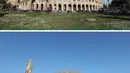 Pemandangan Colosseum pada 6 Maret 2019 (atas) dan 16 Maret 2020 di Roma, Italia. Italia pada 31 Januari lalu mengumumkan keadaan darurat selama enam bulan akibat pandemi virus corona COVID-19. (Xinhua/Cheng Tingting)