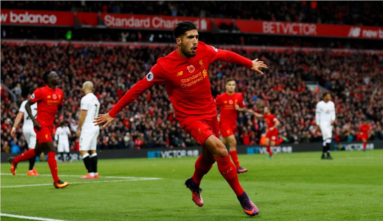 Ekspresi pemain Liverpool, Emre Can, setelah mencetak gol ke gawang Watford di Stadion Anfield pada laga lanjutan Premier League 2016-2017, Minggu (6/11/2016). (Action Images via Reuters/Jason Cairnduff)