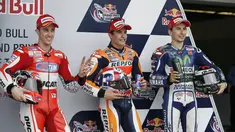 Andrea Davizioso, Marc Marquez, dan Jorge Lorenzo merupakan tiga pebalap yang bakal start terdepan di Circuit of The Americas (COTA), Minggu (12/4/2015). (AP Photo/Tony Gutierrez) 