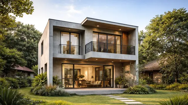 Desain Rumah Beton Minimalis di Desa (AI)