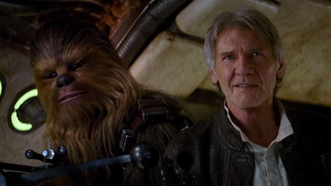 Harrison Ford sebagai Han Solo dan Peter Mayhew sebagai Chewbacca di Star Wars: The Force Awakens.