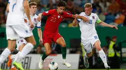 Penyerang muda timnas Portugal, Joao Felix berebut bola dengan pemain timnas Luksemburg, Florian Bohnert dalam laga lanjutan Grup B Kualifikasi Piala Eropa 2020 di Estadio Jose Alvalade, Jumat (11/10/2019). Portugal meraih kemenangan 3-0 atas tamunya, Luksemburg. (AP/Armando Franca)