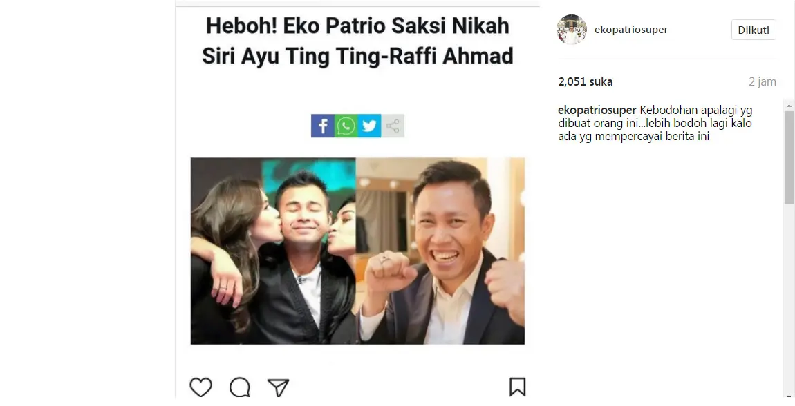 Eko Patrio kesal namanya disangkutpautkan dengan hubungan Ayu Ting Ting dan Raffi Ahmad (Foto: Instagram)