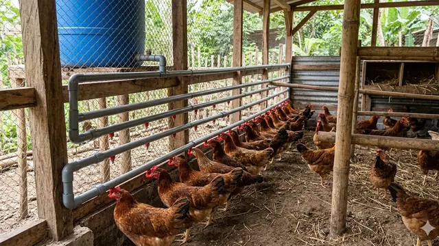 Kandang Ayam dengan Sistem Minum Otomatis (Foto: Gemini AI)
