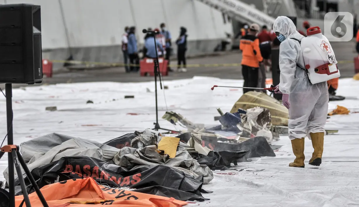Petugas PMI menyemprotkan disinfektan pada hasil temuan dari pencarian Sriwijaya Air SJ 182 di Dermaga JICT 2, Jakarta, Minggu (10/1/2021). Penyemprotan rutin untuk mengantisipasi penyebaran COVID-19 dilakukan usai hasil temuan diidentifikasi tim DVI serta KNKT. (merdeka.com/Iqbal S. Nugroho)