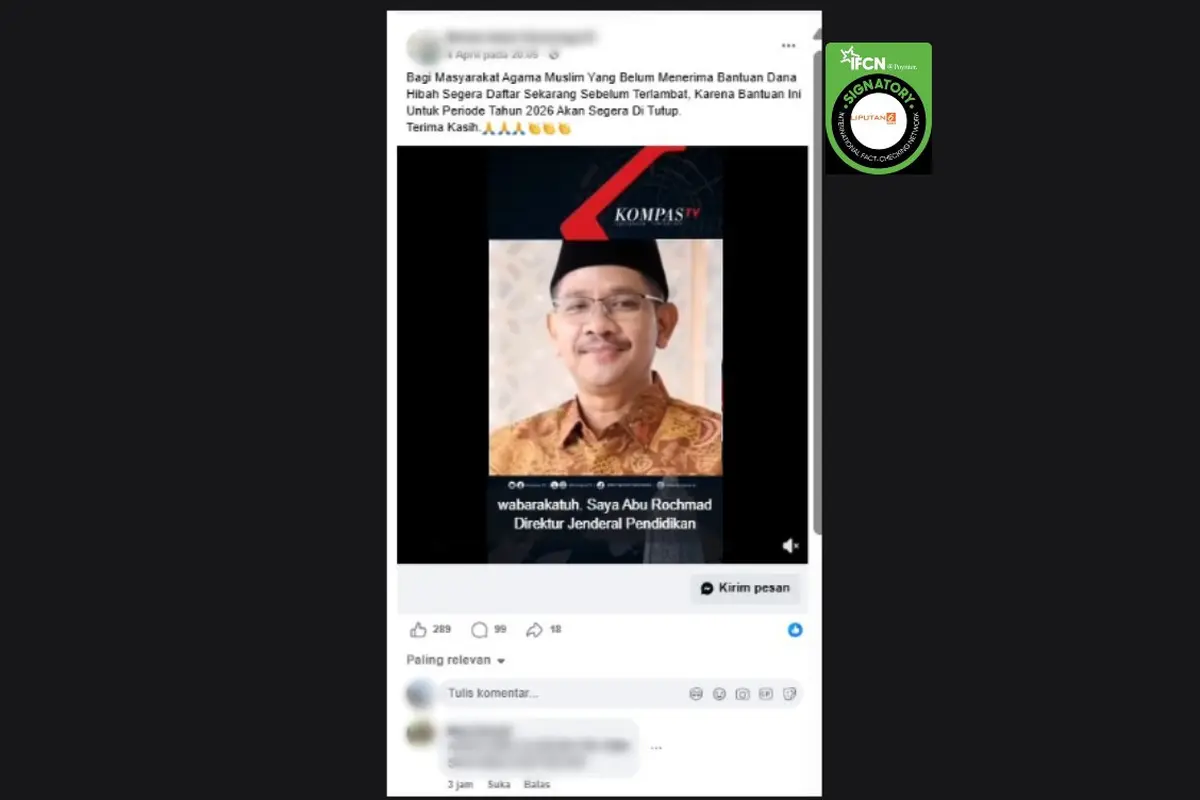 Cek Fakta Liputan6.com mendapati klaim video Dirjen Bimas Islam Kemenag Abu Rokhmad menyampaikan bantuan dana hibah dari Arab Saudi untuk 500 penerima.