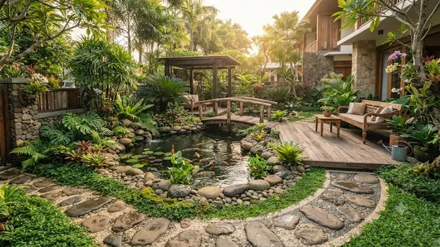 Inspirasi Taman dengan Unsur Kayu dan Batu Kali
