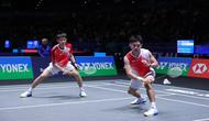 Ganda putra Indonesia Raymond Indra/Nikolaus Joaquin lmengalahkan Kang Min Hyuk/Ki Dong Ju dari Korea pada babak 32 besar All England 2026 dengan rubber game 17-21, 21-12, dan 21-19 di Utilita Arena Birmingham, Inggris, Selasa (3/3). (foto: PBSI)