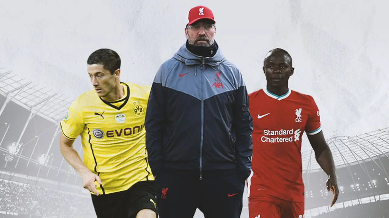 Ilustrasi - Jurgen Klopp, Robert Lewandowski, Sadio Mane