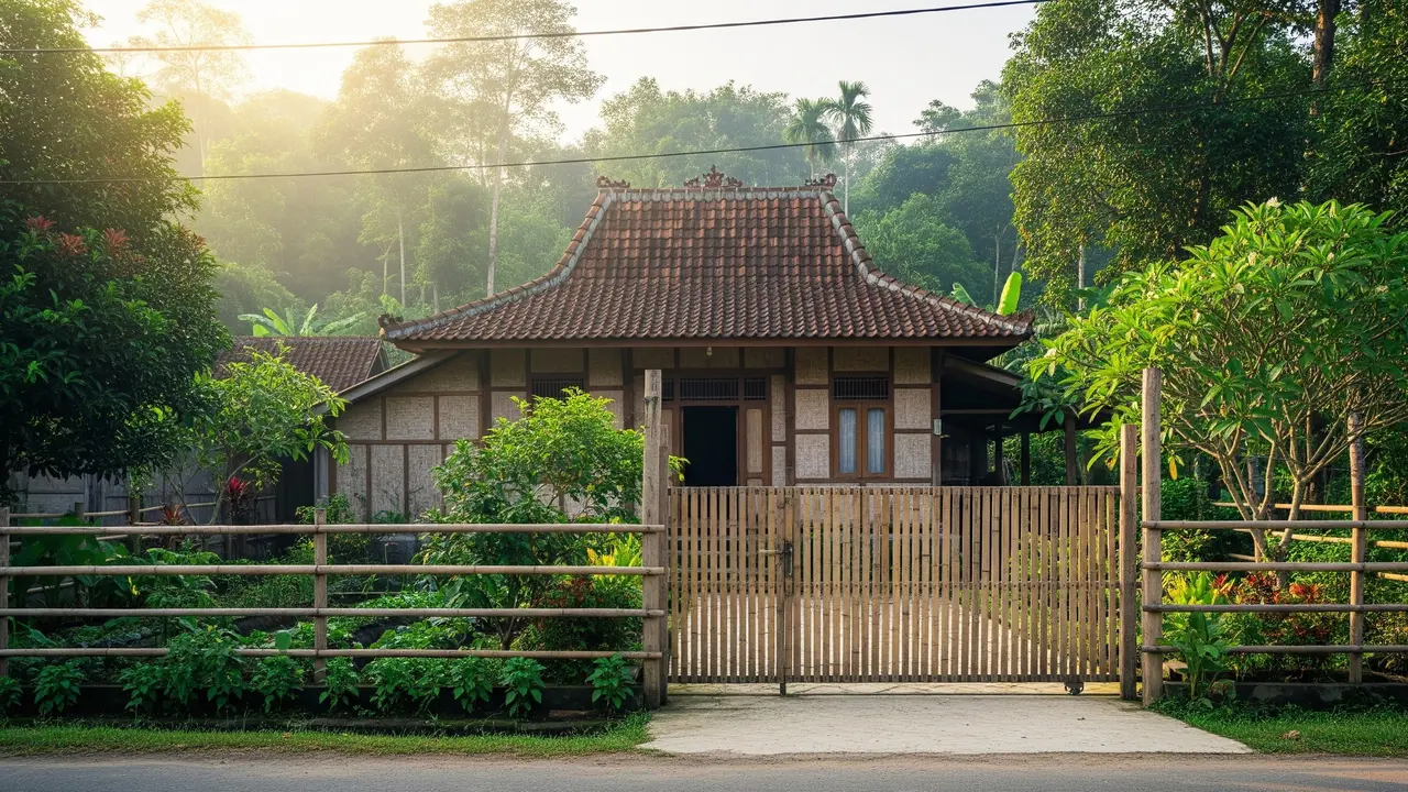 Desain Pagar Rumah Desa dengan Warna Kayu Alami
