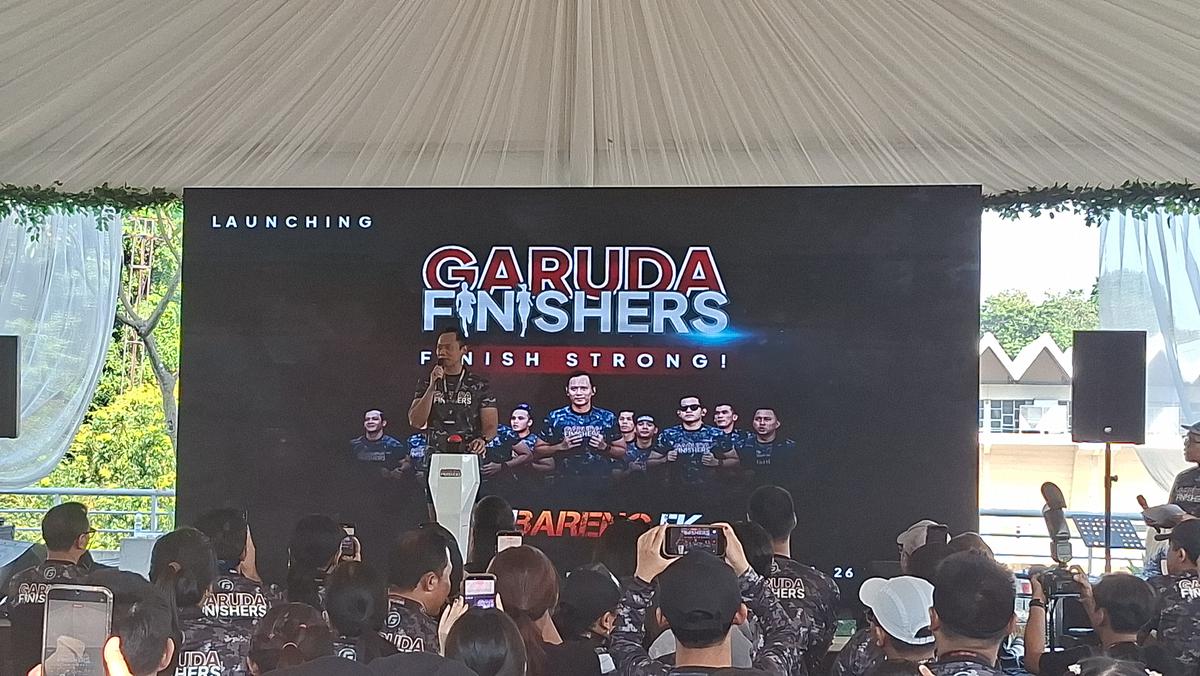 Menteri Koordinator Bidang Infrastruktur dan Pembangunan Kewilayahan, Agus Harimurti Yudhoyono (AHY) saat peluncuran Garuda Finishers di kawasan Gelora Bung Karno, Jakarta, Minggu (26/7/2026) (Liputan6.com/Rifqy Alief Abiyya)