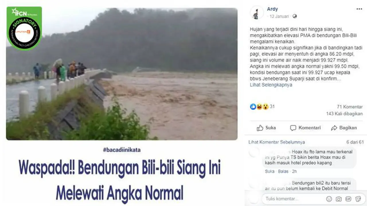 [Cek Fakta] Gambar Tangkapan Layar Berita Tentang Bendungan Bili-Bili