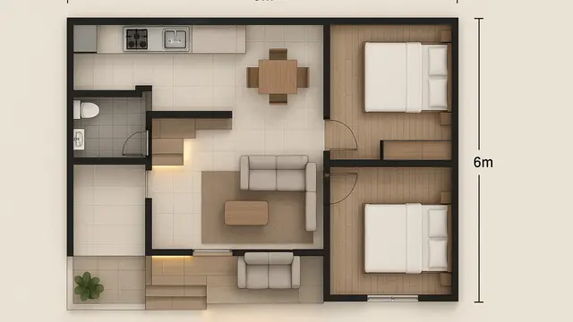 Model Denah Rumah Minimalis 9x6 Meter dengan Teras Depan yang Cocok di 2025/ Ilustrasi oleh AI