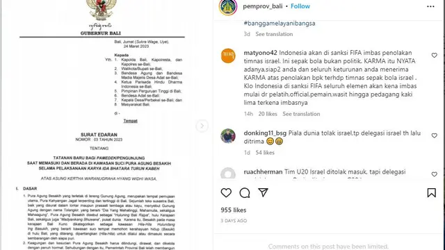 Usai Tolak Israel di Piala Dunia U-20, Kolom Komentar Akun Insttagram Gubernur Jawa Tengah DIserbu Warganet