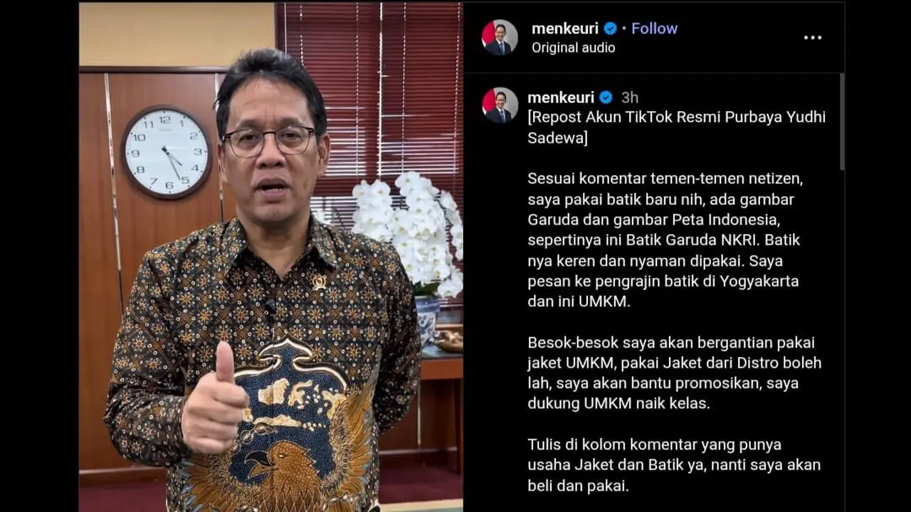 Menteri Keuangan Purbaya Yudhi Sadewa memamerkan sebuah kemeja batik baru. (Foto: instagram menkeuri)