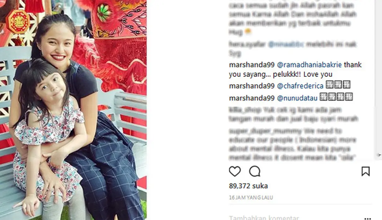 Sejak 16 jam diunggah, Curhatan Marshanda itu disukai hampir 90 ribu. Terlihat ada Nia Ramadhani, Naysila Mirdad, Chacha Frederica, Alice Norin, Kirana Larasati dan masih banyak lagi temen selebriti memberikan dukungan.  (Instagram/marshanda99)