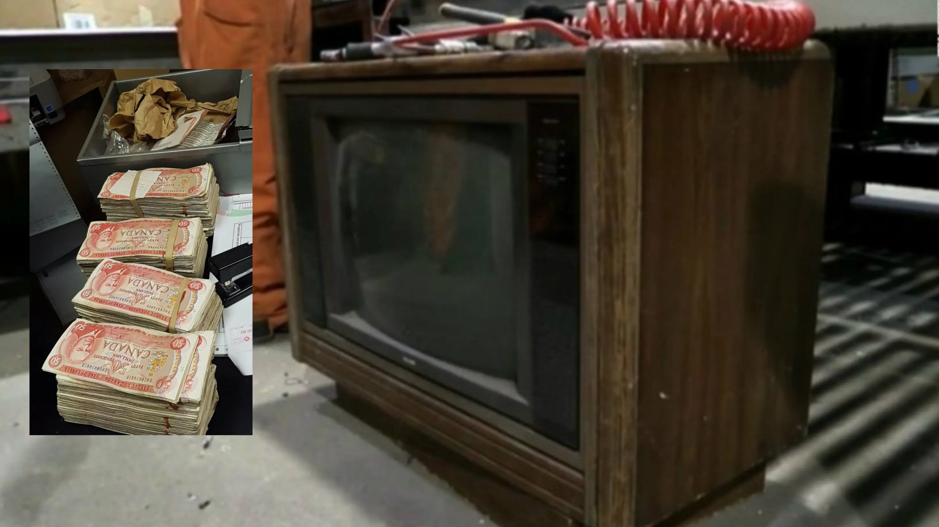 Televisi dan tumpukan uang yang ditemukan oleh seorang pekerja daur ulang di Kanada. (CTV/CNN)