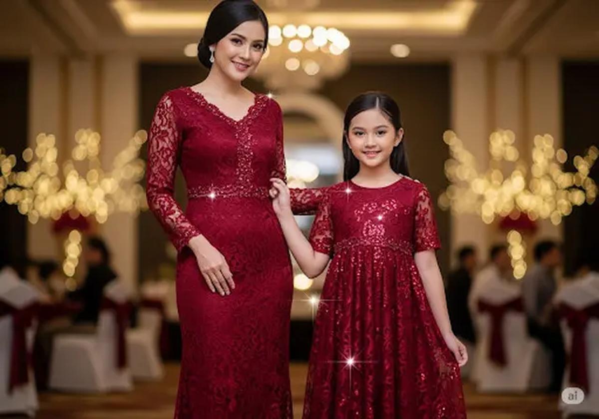Dress Brokat Kombinasi Payet Halus/Baju Brokat Anak Kembaran dengan Ibu untuk Pesta (Sumber: gemini.com)