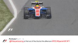 Rio Haryanto menjadi pebalap pertama yang memulai latihan bebas kedua F1 GP Spanyol di Sirkuit Catalunya, Spanyol, Jumat (13/5/2016). (Bola.com/Twitter/F1)