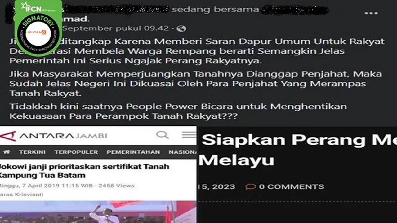 Gambar tangkapan layar kabar hoaks ustaz Abdul Somad ditangkap polisi karena membantu warga Pulau Rempang. (sumber: Facebook)