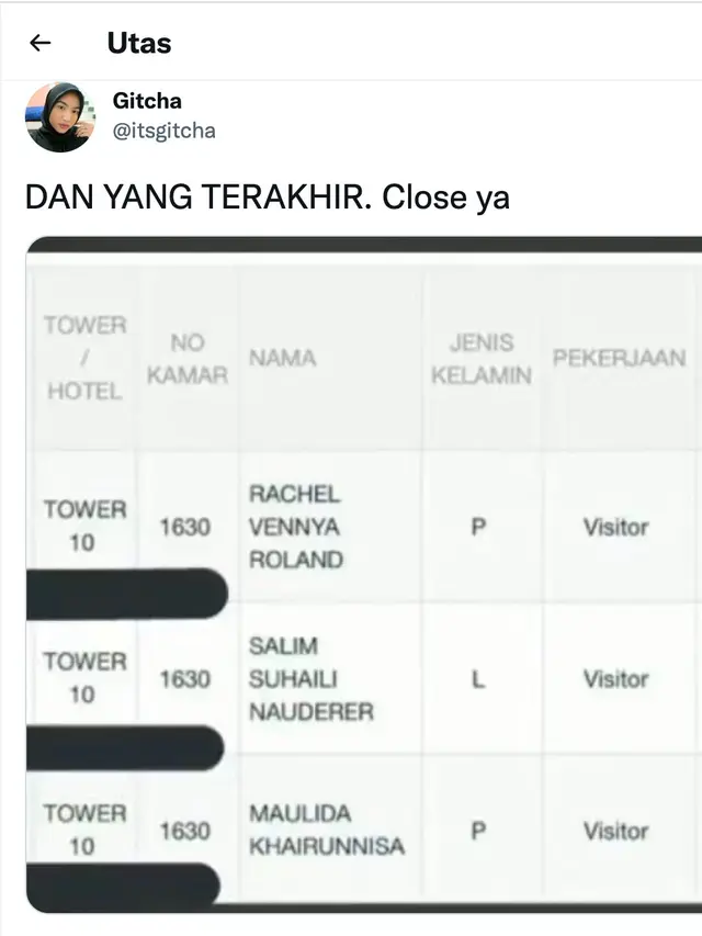 Unggahan seputar Rachel Vennya diduga di Wisma Atlet Pademangan. (Foto: Dok. Twitter @itsgitcha)