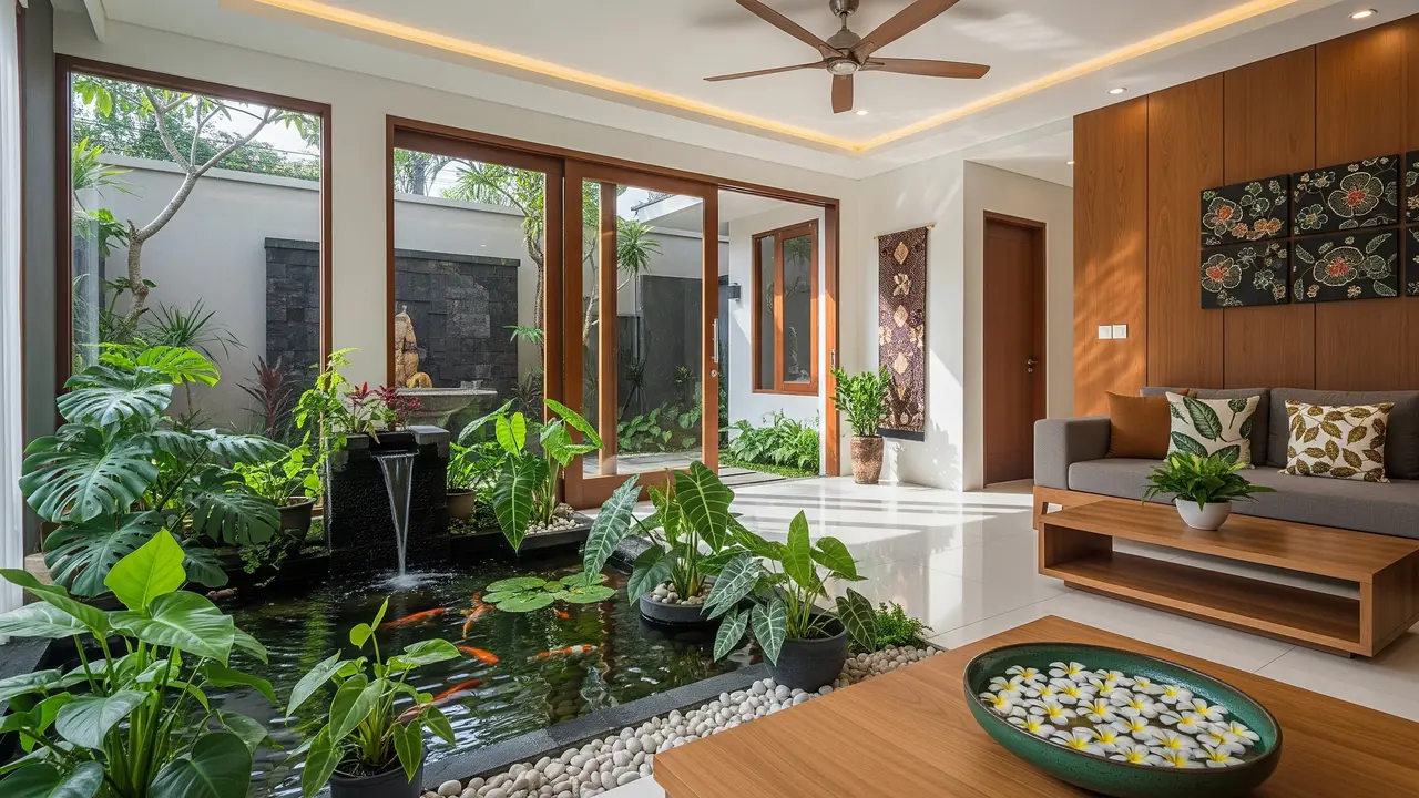 Model Ruang Tamu dengan Tanaman Hias dan Kolam Mini