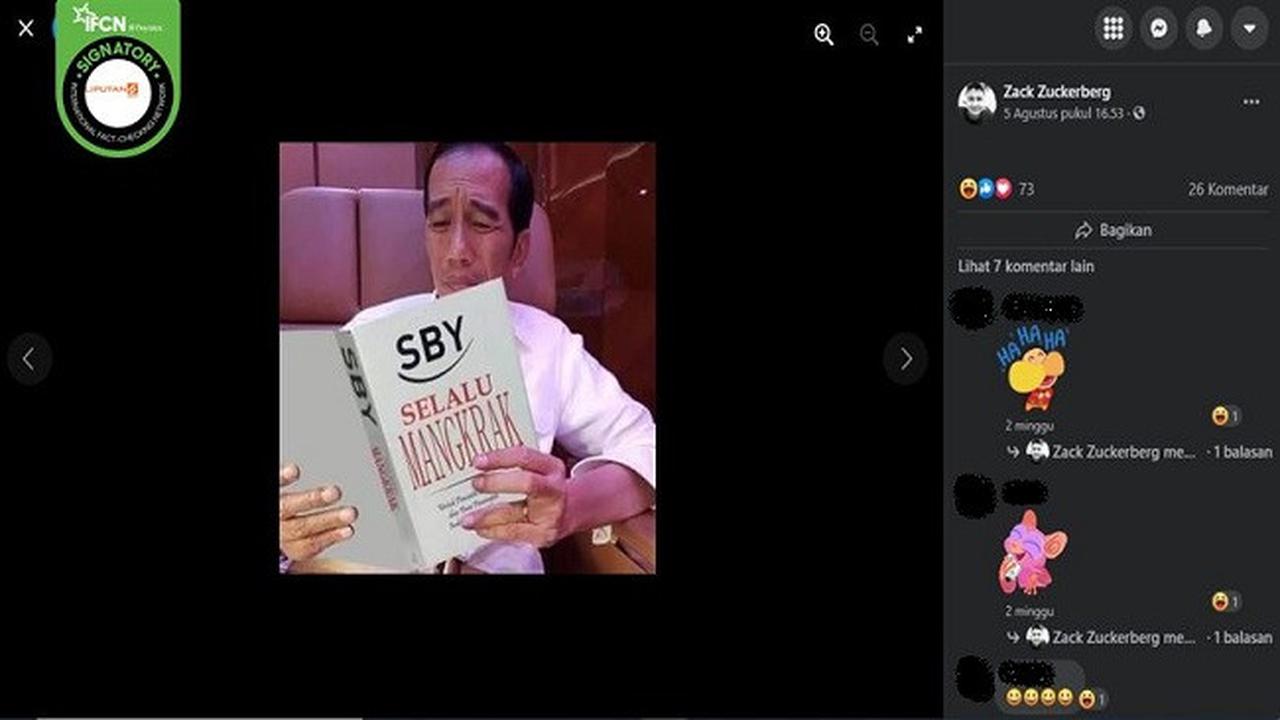 Gambar Tangkapan Layar Foto yang Diklaim Jokowi Membaca Buku "SBY Mangkrak" (sumber: Facebook).